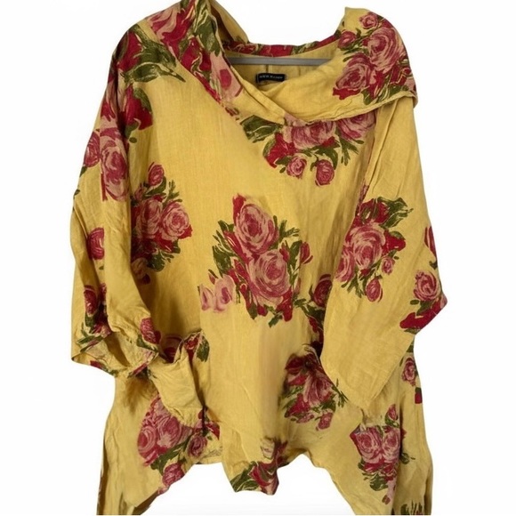 Made in Italy Linen Oversized Floral Cowl Neck Hoodie Tunic Top Yellow Pink - Picture 3 of 10